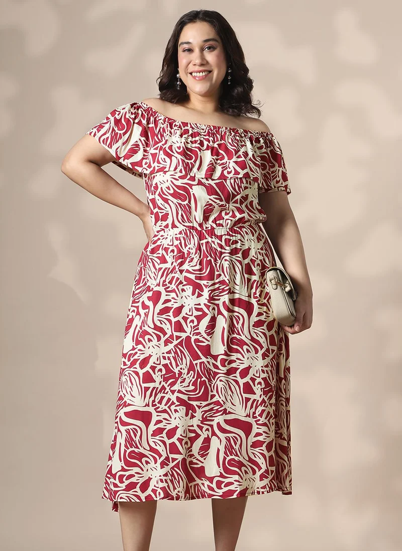 globus Globus Gloplus Women Red Abstract Print Off-Shoulder Fit & Flare Plus Size Midi Dress